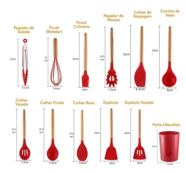 Kit  12 Peças Utensílios de Cozinha Silicone Colher Espátula kitchen Antiaderente com Suporte