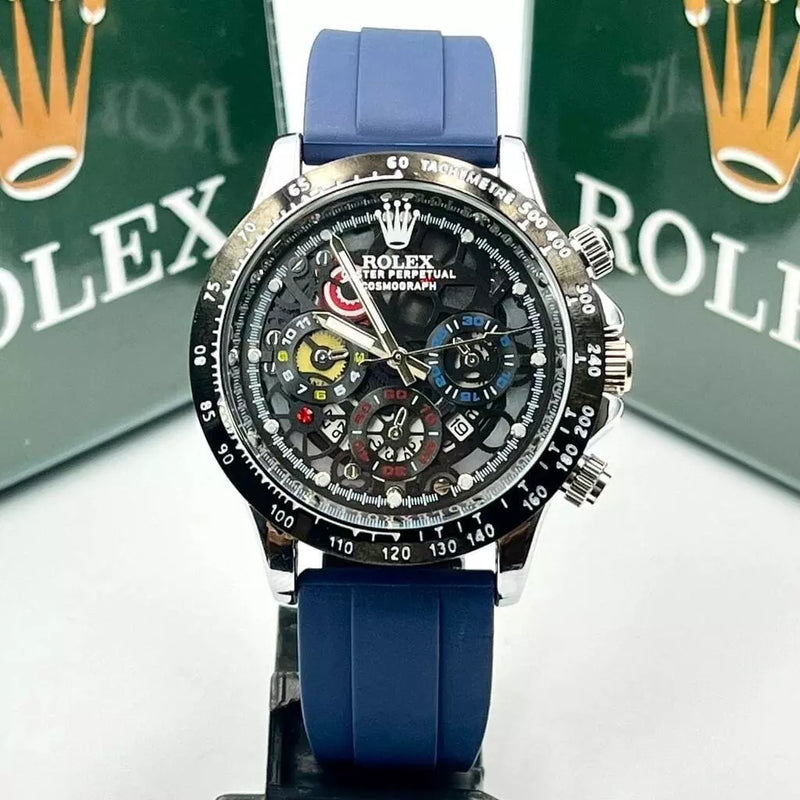 Relogio Rolex Oyster Perpetual Pulseira de Borracha A Prova D'água - Prata com Azul