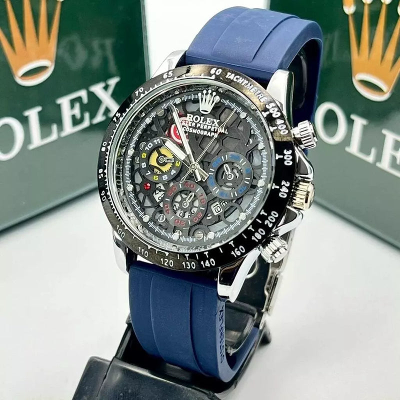 Relogio Rolex Oyster Perpetual Pulseira de Borracha A Prova D'água - Prata com Azul