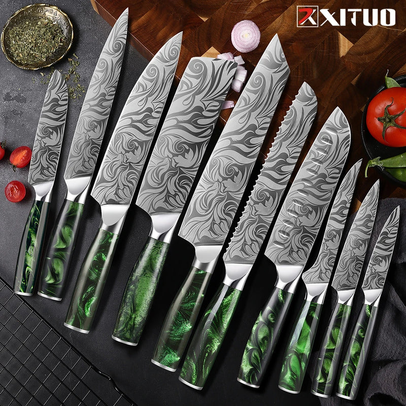 Conjunto de facas de cozinha 1-8pc Aço inoxidável Pro Chef Facas Ultra Sharp Santoku Nakiri