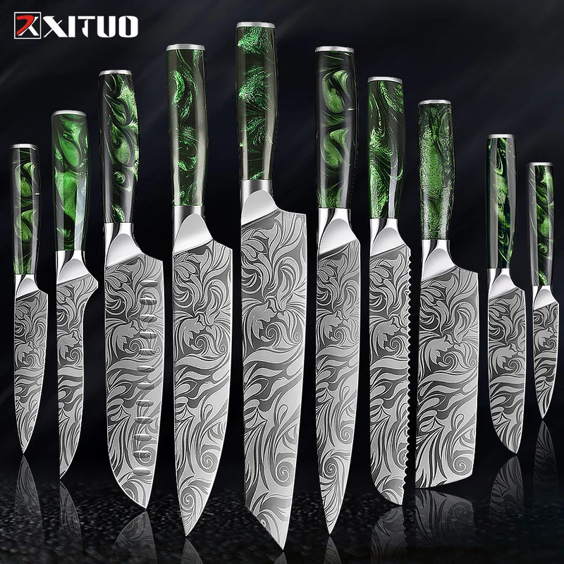 Conjunto de facas de cozinha 1-8pc Aço inoxidável Pro Chef Facas Ultra Sharp Santoku Nakiri