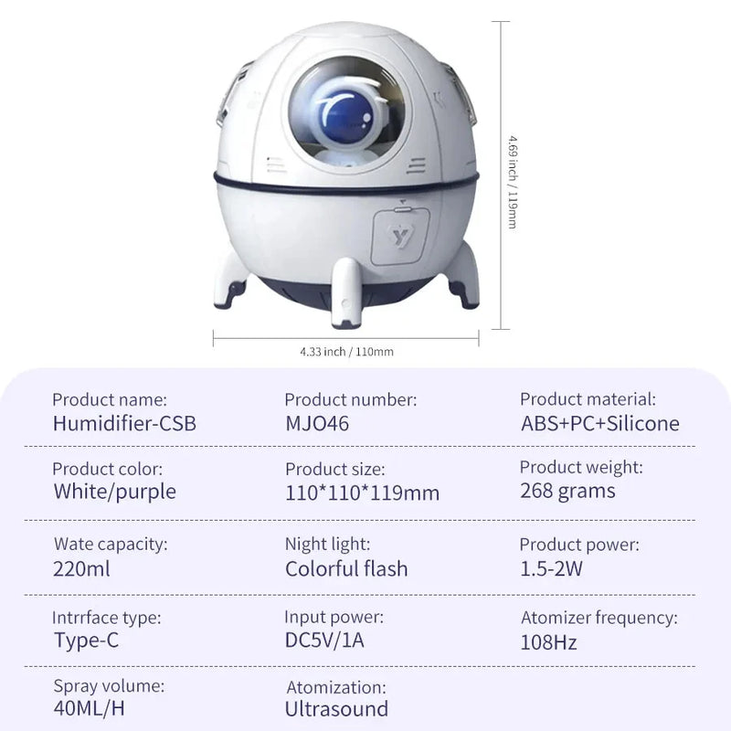 Umidificador de Ar 220mL Cápsula Espacial: Difusor de Aromaterapia com Névoa Recarregável via USB e Luz Atmosférica em 7 Cores