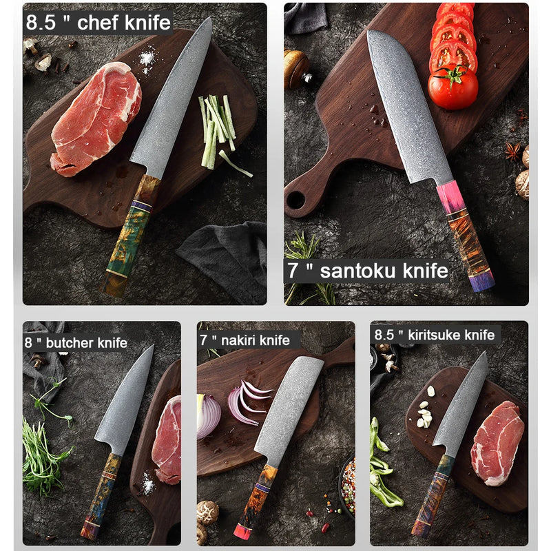 Conjunto de facas de cozinha Damasco Chef Nakiri Faca 67 Camadas Japonesa em Damasco Aço